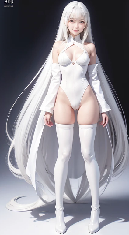 Full Body Shot、 standing、Long white hair、 White long tights  ， WHITE LATEX SUIT 、  ARAF IN WHITE KNEE HIGH BOOTS,   WHITE SHINY LINGERIE  , latex Shiny, Atsuko Kudo&#39;Latex Costume, full-body xianxia,   WHITE LATEX COSTUME  , White leather clothing , ski...