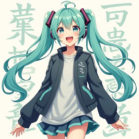 masterpiece, best quality, ultra detailed, Girl, Hatsune Miku wearing an autumn jacket, (((CD jacket cover style))),smile,singing,Japanese anime style 