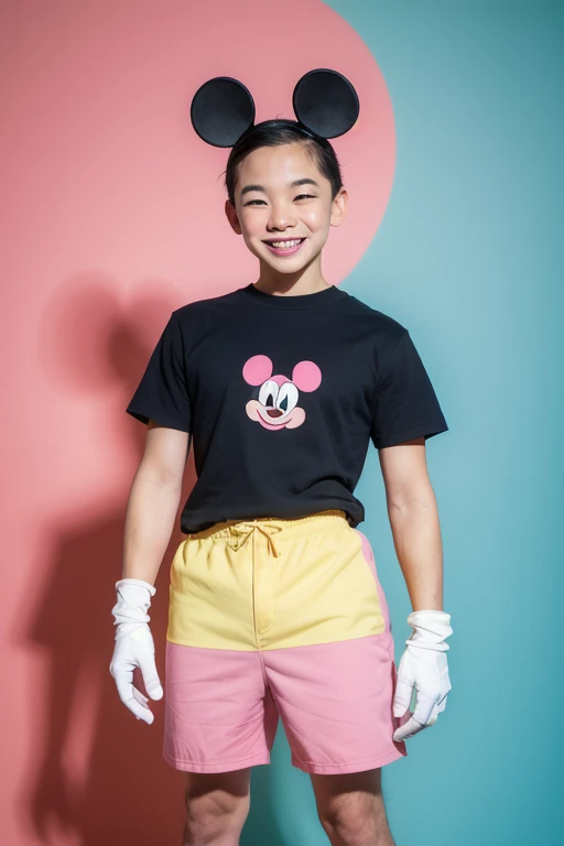  realistic image of what Mickey Mouse the mouse would look like in real life,  if it werent cartoon ,  wearing deep red shorts , white gloves,  half pink face , blue shoes not pink and yellow,  little pink legs , Little pink tail , black ears and smiling a...