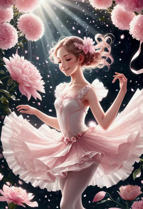 Dancing Ballet　Multiple Exposure　 high contrast 　 high quality 　masterpiece　Best Quality　Delicate details　Light color　race　Frills　ribbon　Diamond particles　Flower Garden　 light leak　happiness　smile　Gorgeous　 anime illustration　gem　pink　white