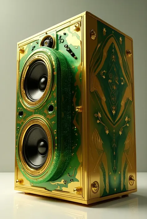 An epic gold and green ground breaking stereo  with music notes around it, with the words " I AM THIS AWESMAZING ME" under it.