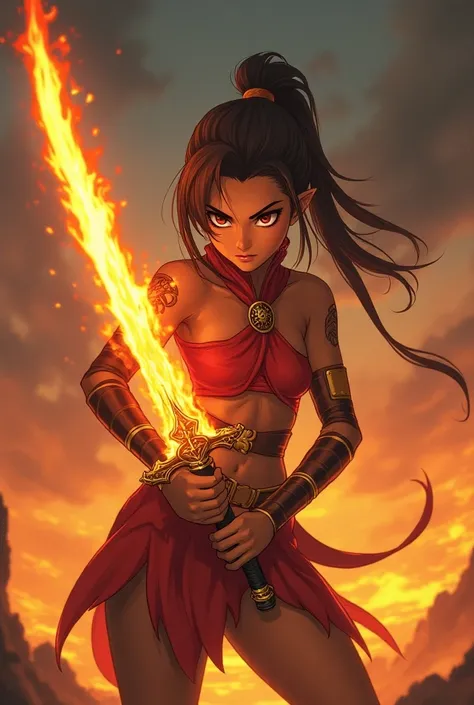 A powerful girl with an anime-style sword of fire