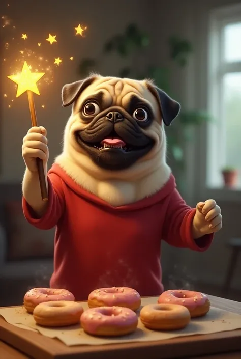 A pug wearing red short standing at home, light in magic wand star stick in his hand, making donuts with magic, happy face, look realistic 