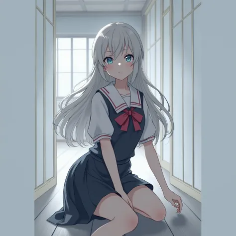 Silver white-haired girl wearing school dress is sitting 