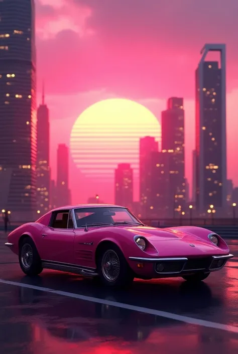 A {white|black|red|blue|pink) car is parked by the road :: pink sunset and city in the background :: 1980 :: Luxyry style :: Hyperdetailed : Ultra realistic :: cinematic :: Neon lighting :: Unreal engine :: RTX --ar 2:3, (VAZ2113),  