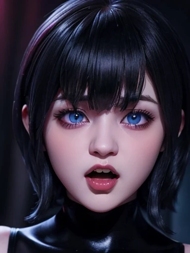 Dark makeup cute face ,  blue eyes pink cheeks full lips and penetrating eyes,  open mouth showing affiliated fangs , vampire, 
 Bobcut short black hair with bangs 