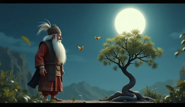 Generate 3d animated image of Indian folk king with white beard seeing a small tree and two little small birds under that tree in moon light and a snake on tree