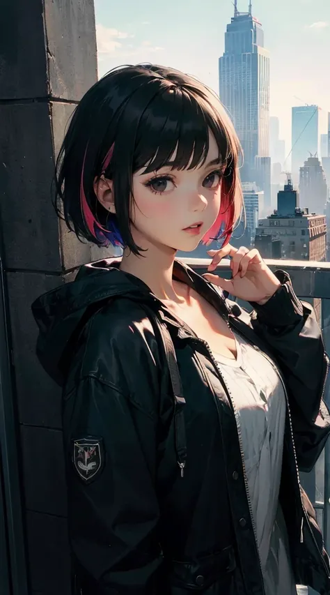 (((masterpiece))), (((best quality))), ((ultra-detailed)), ((an extremely delicate and beautiful)), (illustration), (detailed light), (8k), ((beautiful black eyes)), 1girl,gothic punk girl, solo, bandaid, black hair, white background, jacket,bangs, green e...