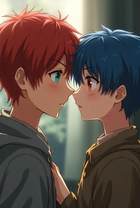 A boy with red hair with slightly tired green eyes looking slightly older looking in love with a handsome boy with blue hair, fair skin and pointy ears with red eyes who are distracted in front of him , In the semi-realistic anime style