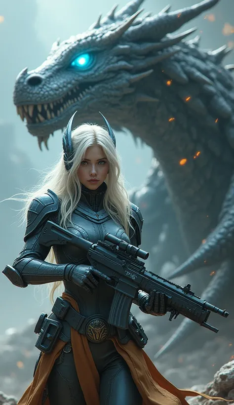 Dragon with Fantasy face girl with full armor and guns High Resolution,blue Eyes,robotic age,4k ultra graphics