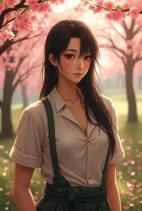 Taejon tem 1,99 m tall , amber eyes,  with long black hair that reaches his shoulders .  His athletic and muscular constitution is highlighted ,  even wearing casual gardening clothes .  The setting is a tranquil garden ,  with Taejon planting cherry trees...