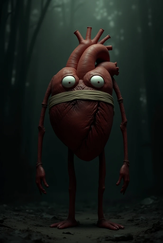  I want an image where a personified heart can be seen, with eyes, pies, hands and mouth, You must have your mouth bandaged and your eyes too, The environment must be dark  