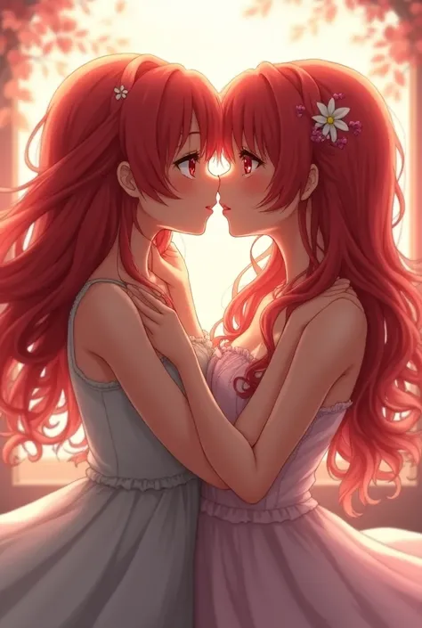  Beautiful anime girl with red hair and red eyes,kissing another girl