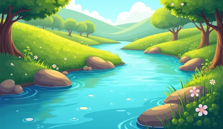 A river in the direction of left to right in cartoon style 