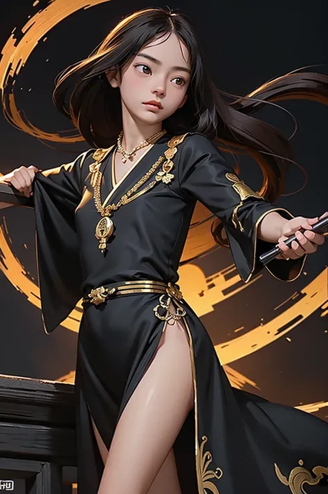 ((UHD, masterpiece, accurate, anatomically correct, super detail, best quality, 8K)), a Ancient Chinese female strategist, 13-years-old, slender body, (wearing a well decorated tight glossy black Kimono-dress:1.1), (put gorgeous gold necklace and gold body...