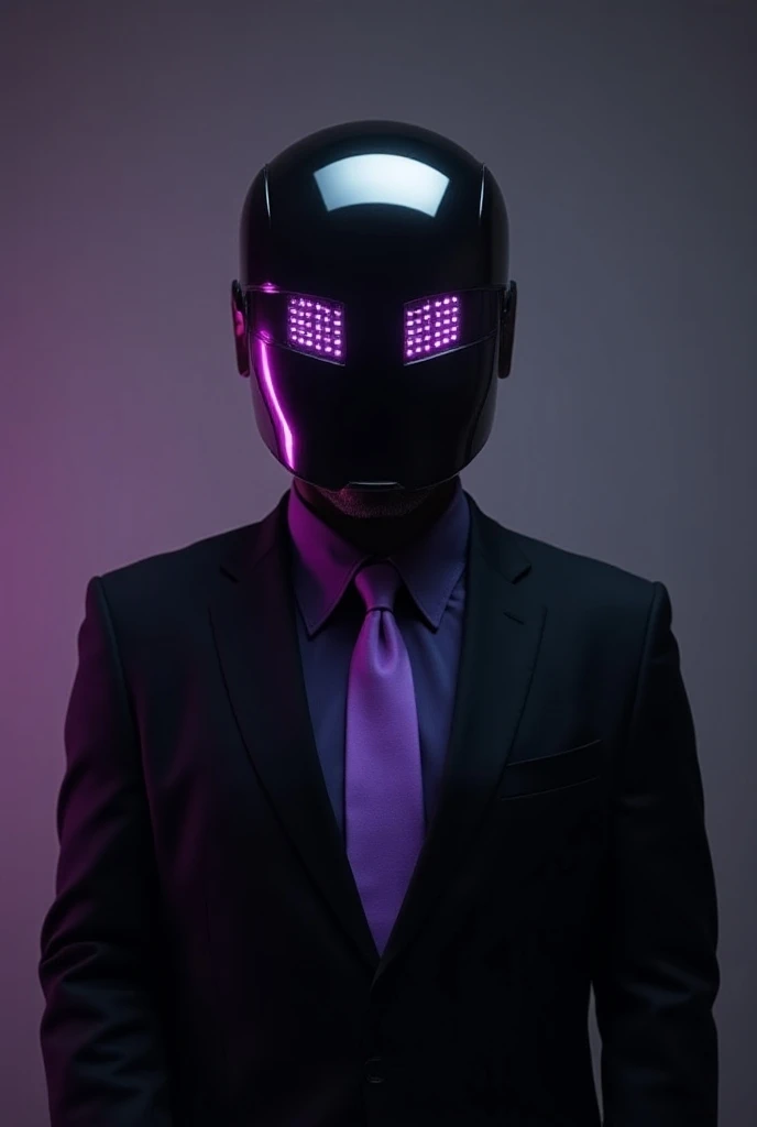 a man, with black suit, black slacks ,  faded purple shirt and purple tie, with computer head with purple eyes LEDs