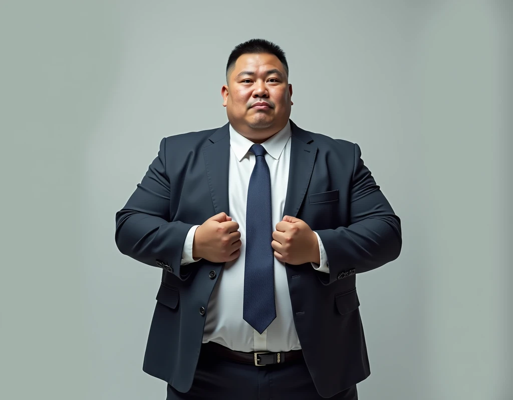  best quality on the tree, Face Focus,  ultra high resolution, (Reality:1.4), RAW photo,  obese Chinese young man in suit and dressed security guard，Short hair flat head，Lips tightly closed，Dark blue tie、Tight white shirt、 shirt tucked into pants ， serious...