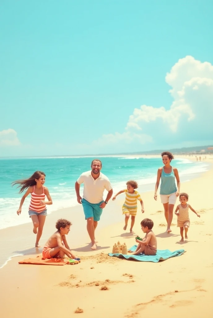 A family plays on the beach 