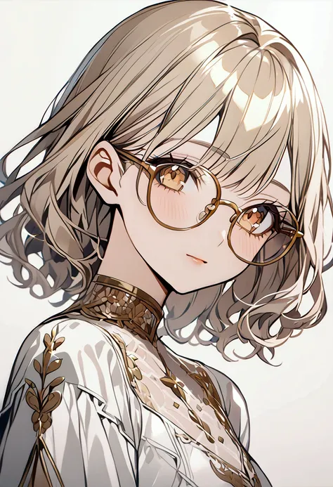  Teenager with shimmering gold glasses, medium hair and a tender look 