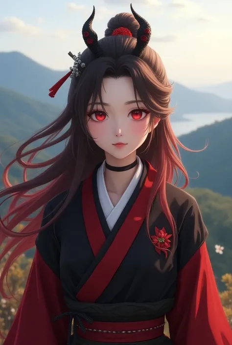 Featuring a beautiful Korean girl with long hair brown red ombre wearing a japanese costume nezuko kamado complete black red is standing on a hill with a beautiful view surrounding,  standing with elegant and cool vibes , Super HD quality 