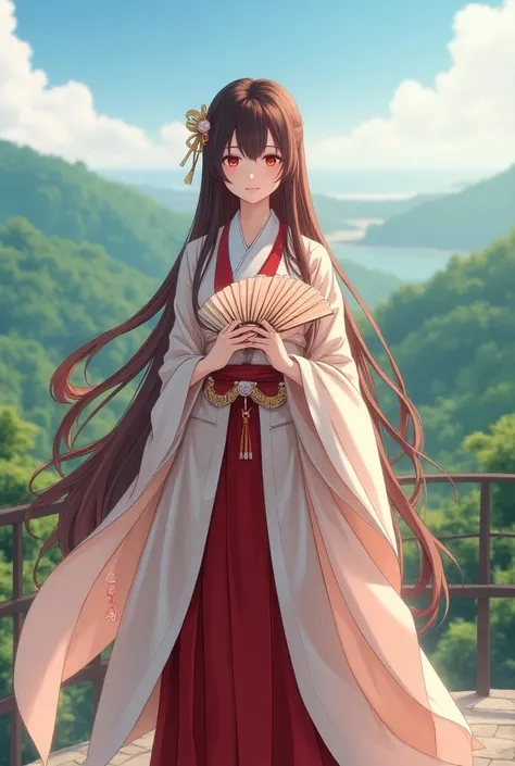 Real show of a beautiful Korean girl with long hair brown red ombre wearing a complete japanese costume nezuko kamado is standing holding a fan on a hill with a beautiful view surrounding,  standing with elegant and cool vibes , Super HD quality 