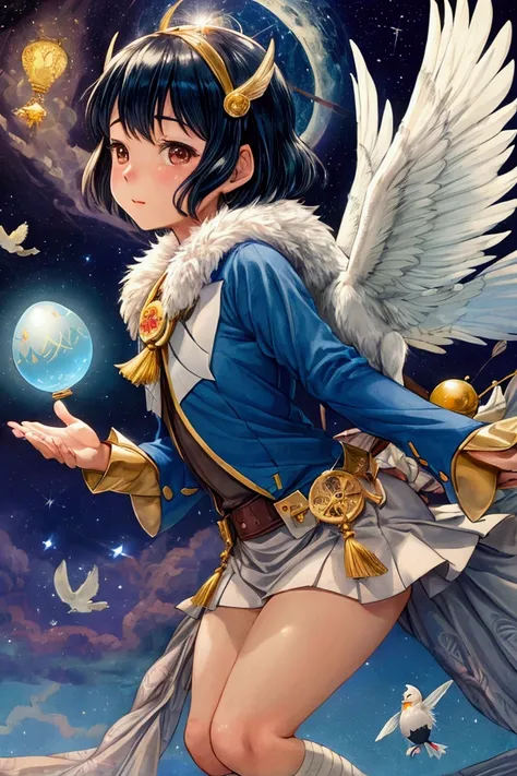 Takuya Fujima, Maurice Sendak, Takeo Takei, Edwin Georgi, Edward Penfield, Surrealism, Mysterious, Strange, Outlandish, Fantastic, Sci-Fi Fantasy, Anime, A miniskirt bird-tribe beautiful girl who was thinking about how to fly in the sky inside an egg, perf...