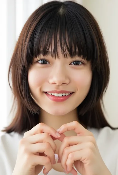  Smiling face making a heart shape with her hands:2.0、Instagrammable:1.2 (RAW Photos、8k、32K、masterpiece、Realistic、  photoreal:1.37)、Cute Japanese women images、Tank tops、Photographed in natural light、  upper body、1 girl、Photo Mapping、 Physically Based Rende...