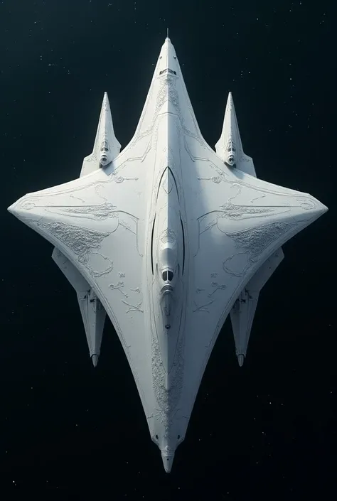 Pure white alien heavy spacecraft, with enormous size, flying in vast of space, nordic ornament, big wingspan