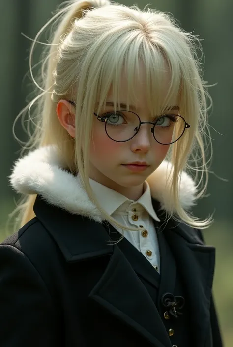  A young boy with long light blond hair tied behind,  but with some locks escaping the tie ,  greenish but almost white eyes , rounded glasses , strong,  thick black cover with white fur around the collar,  black vest and white puff-sleeve shirt .

Exclude...