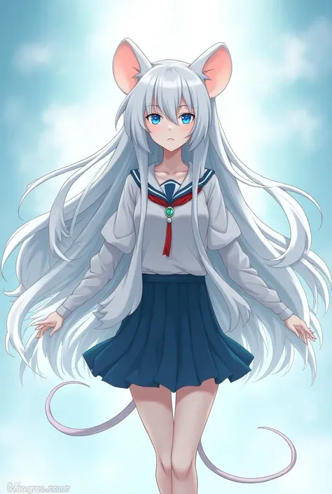  My hero academia character, female character, long hair, white hair, white skin, small blue eyes, white hair, white eyes, white hair along the body, wearing a UA school uniform..  It looks like a half-mouse with a butterfly, anime lines 