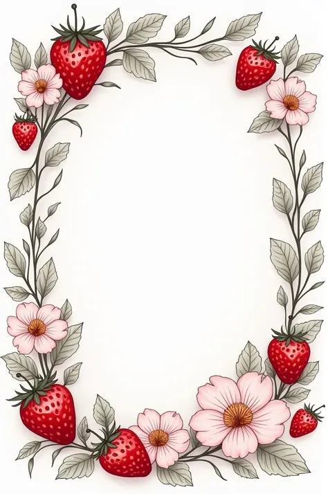 Make a sketch-style drawing of a frame with strawberry flowers and leaves and strawberries