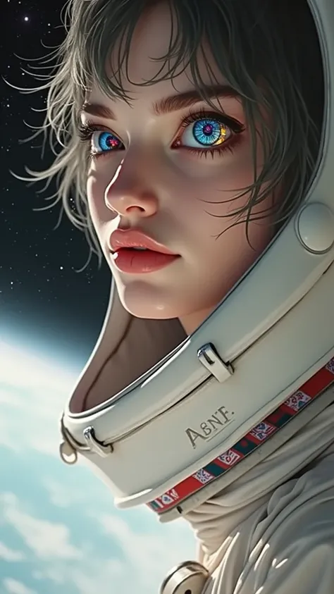 (Close-up of a better masterpiece:1.5)0.9], (Space and astronauts:1.2) (Messy silver hair:1.1) (Heterochromia xanthochromia and blue eyes:1.2) (Space Helmet:1.0) (Colored stars in the eyes:1.0) (A radiant glow:1.1) (thick lips:0.9)