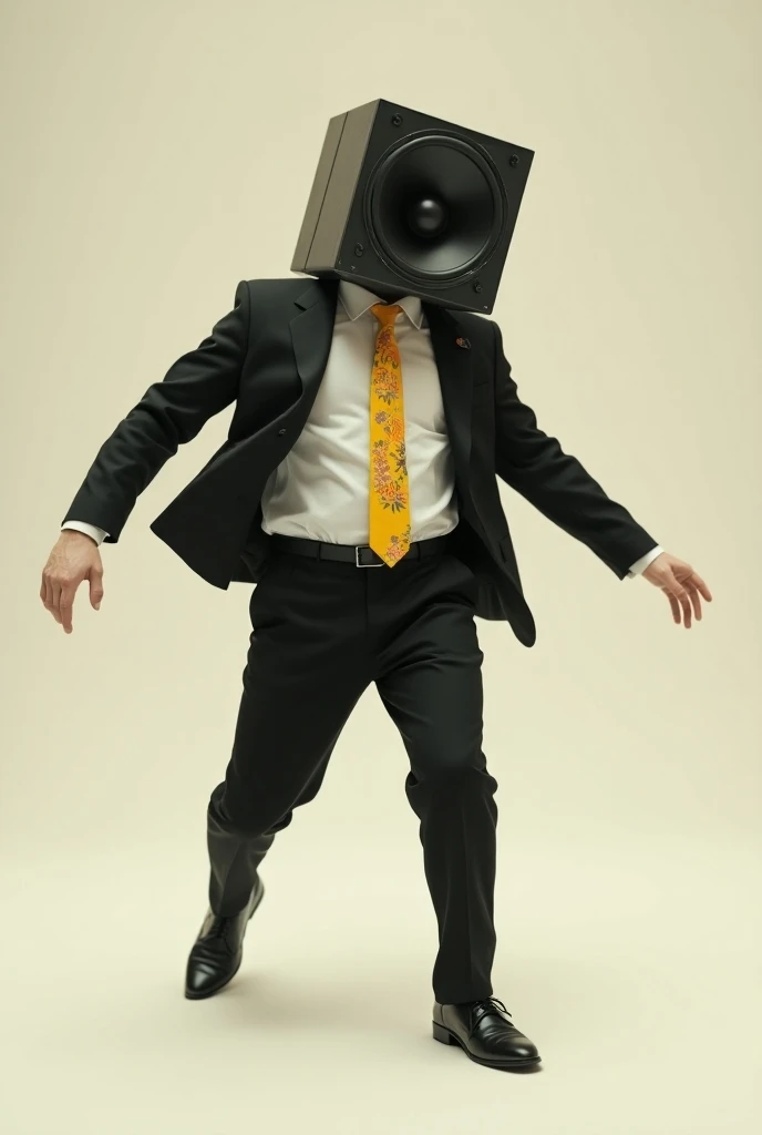  A man with a loudspeakers head, black suit, black pants, white shirt,  and floral yellow tie , Dancing Orange Justice  