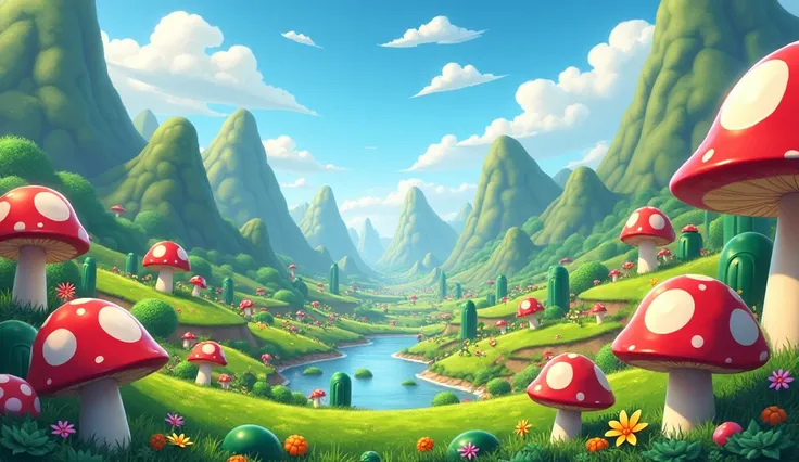 Image of the world of Mario Bros with lots of mushrooms and flowers and blocks ? Without Mario 