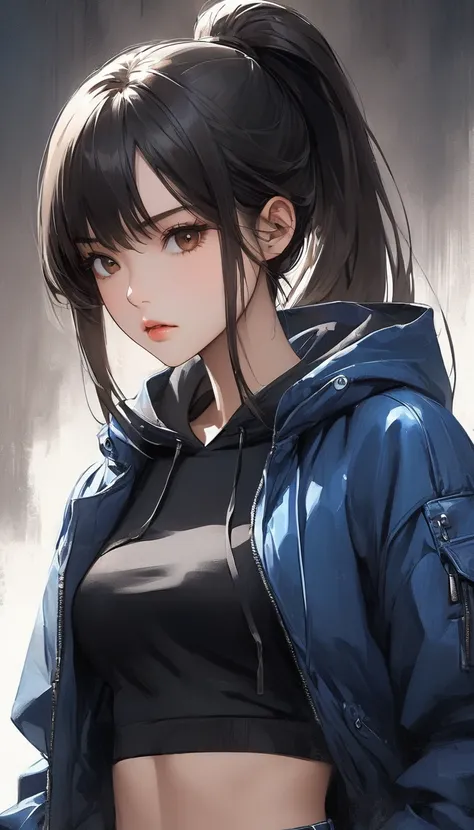 A close-up view of a semi-realistic anime-style woman with long, sleek black hair styled in a high ponytail. Aged 21. She has a sharp, warm tan, symmetrical face with a defined jawline that highlights her serious and determined expression.upturned almond-s...