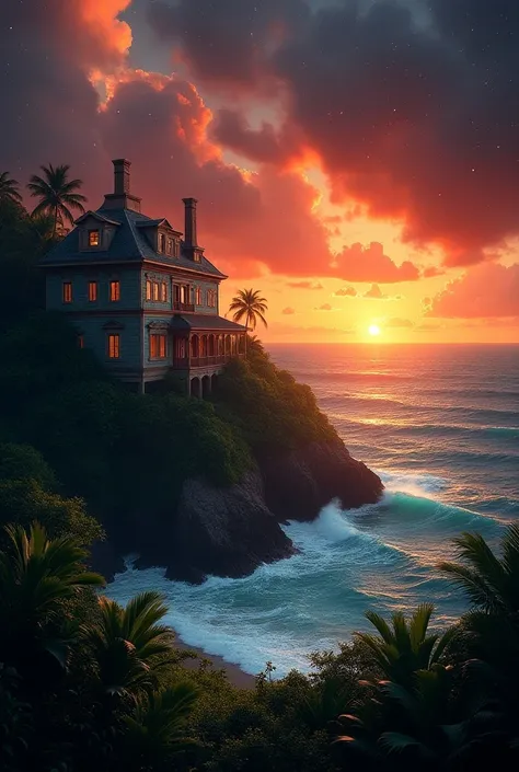 A dupleix house is a ocean type in the forest Sunset  type front ocean dark red crazy Stars  and dangerous waves  very beautiful moment raw beauty dreaming fellings 8k ultra sea or sunset matching colorful 