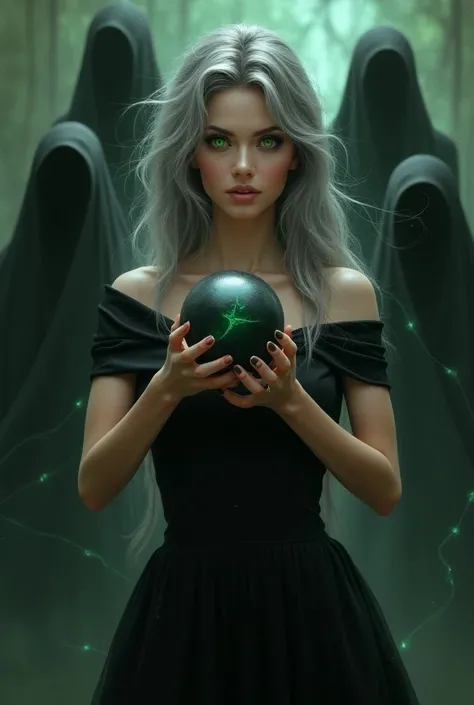 A cover featuring a woman with long gray hair , green-eyed, light skin, wearing a tight black dress with sleeves ,  her hands folded in front with a black magic ball in her hands , behind her, several faceless faces like shadows, while lines of magic unite...