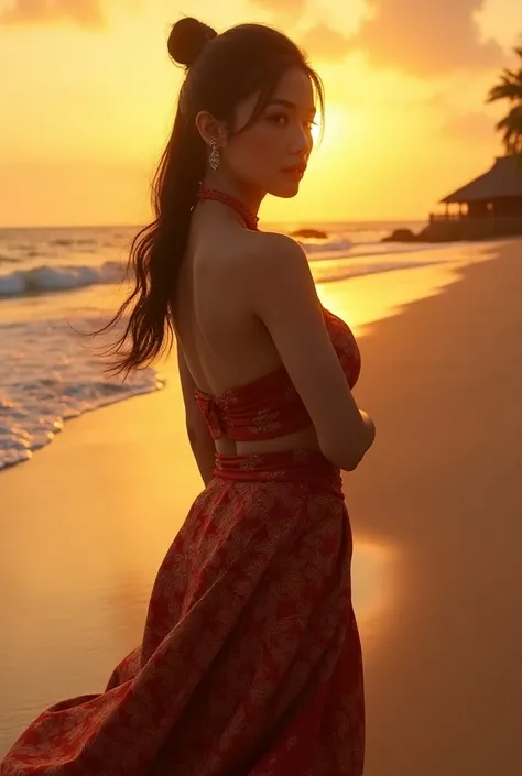 Super realistic,ultra hd,rindering cinematic movie,"negative promft"(whole Body) of
Sexy and Sensual A beauty Indonesian women ,(rambut sanggul).Wearing long saroong Bali
At the beautyfull bali beach.
( Coconut ) sunset Beach,sands, cafe, ligt  background