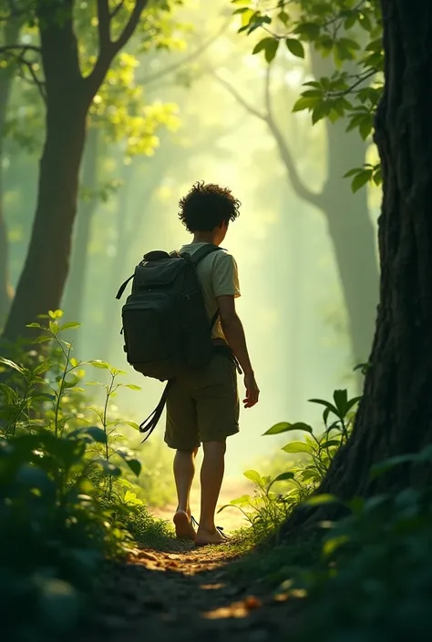 A young disciple walking alone through a dense, peaceful forest, looking weary and hungry, as the sun filters through the trees. He’s focused on finding food, with a sense of hope and determination in his steps.
