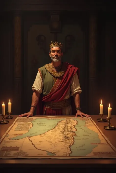 Biblical character King Onri with his crown on his head and short hair looking 40 years old looking at the map of Israel on a table