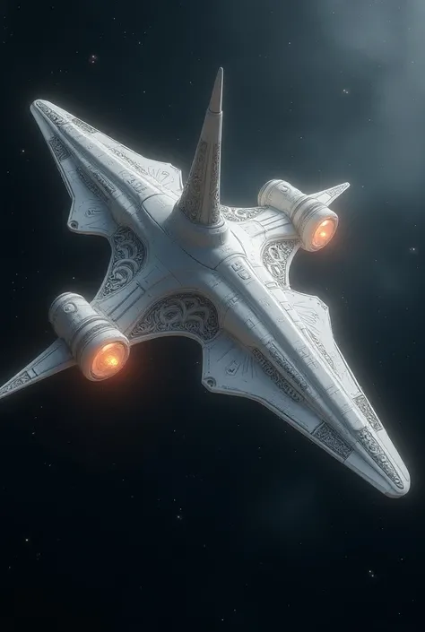 a massive nordic style alien spacecraft, extremely detailed and highly realistic, flying through the vast expanse of space, with an enormous wingspan and intricate ornamental designs,white color (best quality,8k,highres,masterpiece:1.2),ultra-detailed,(rea...