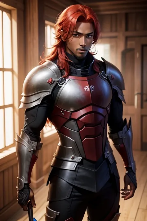 Anime style red-haired and dark-skinned knight black man