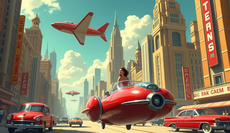 retro futuristic scene, 1950 cars, buildings, flying cars, people 1950 clothes, beautiful girl in first plane
