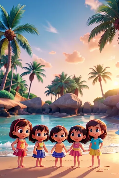 Several 4 little s playing on the beach with their cheerful clothes, Splashing water and the sun setting in the Pixar Disney 3D style background