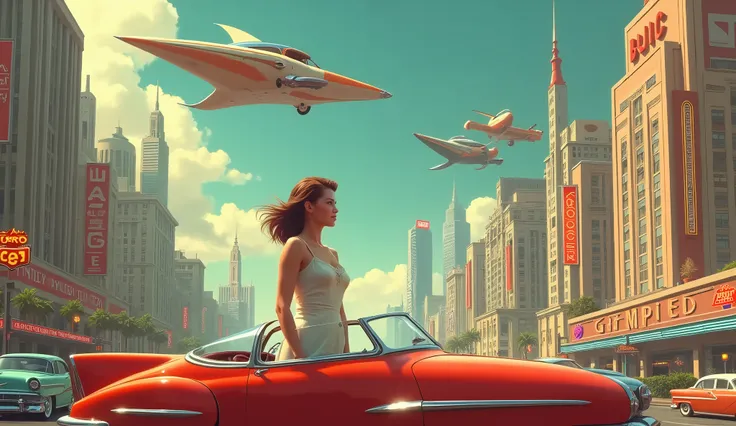 retro futuristic scene, 1950 cars, buildings, flying cars, people 1950 clothes, beautiful girl in first plane
