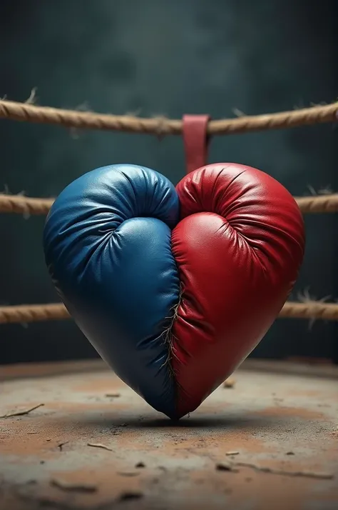 Two boxing gloves joined together to form an anatomical heart on a boxing ring 