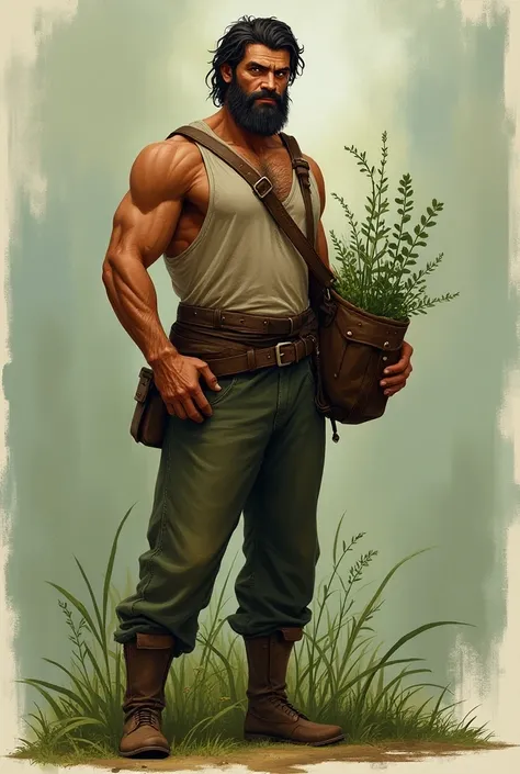 Create concept art for a character matching this description a man, tall, with lean muscles that rippled in his exposed arms and neck as he moved. His skin was a deep rich toffee color and he had tousled hair in the exact shade of dark chocolate. His dark ...