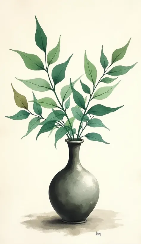 Vase with leaves, Sumi-e painting style, traditional Japanese ink wash painting, emphasizes simplicity and elegance, expressive brushwork, captures the essence of the subject with minimal strokes, meditative and reflective. (best quality, masterpiece), ver...