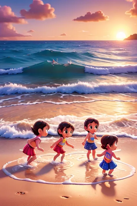  Several 4 little s playing on the beach, rushing 
with their cheerful clothes , Splashing water and the sun setting in the Pixar Disney 3D style background