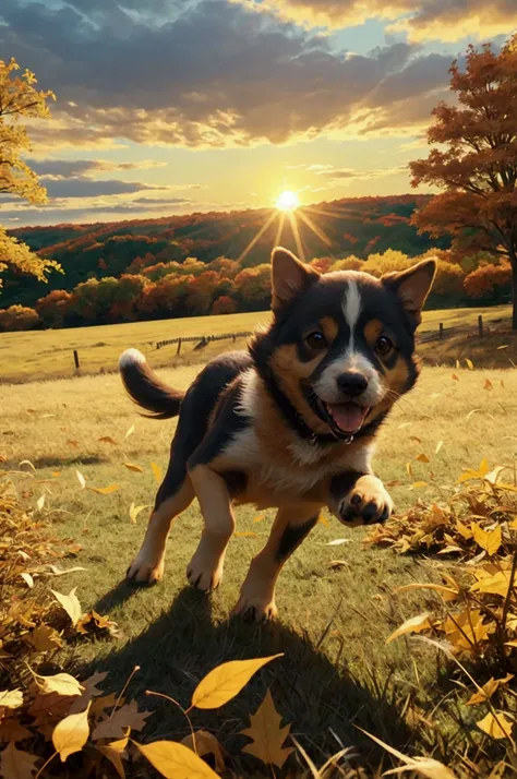 ying down and puppy running around　grassland　Poured Sun　Autumn sky　Yellow autumn leaves